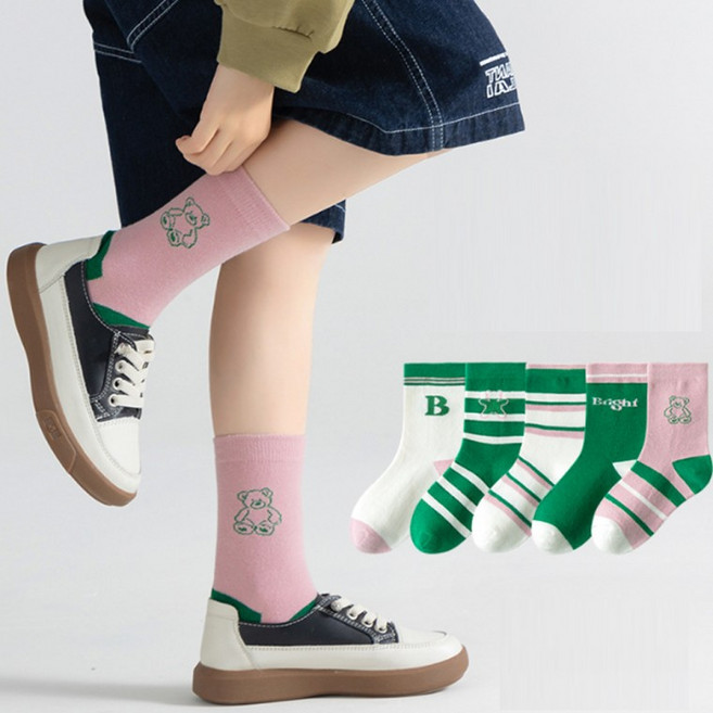 준캡 어린이 아동양말 그린핑크단가라 중목 유아동양말 5족세트 3세-12세 3가지사이즈 4계절 면양말
