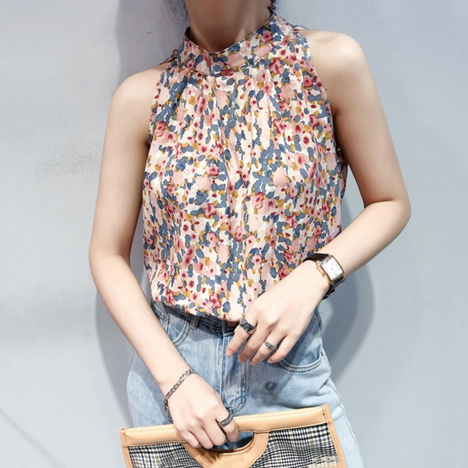 슬림소녀 여성 여름 예쁜 도트 잔꽃 패션 민소매 블라우스