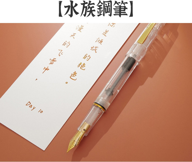 RAYRAYGO 金粉不堵水族鋼筆 M尖 0.8mm 大出水量 旋轉筆蓋 附吸墨器, ( 9 )鋼筆 0.8mm(附吸墨器), 透明