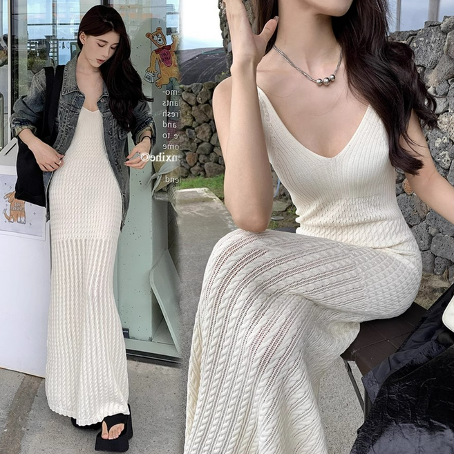 Asure 여자 브이넥 나시원피스 슬림핏 니트 원피스 롱원피스