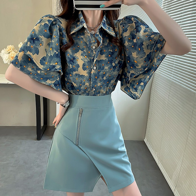 Makone 하트 패턴 빅카라 리본 퍼프 벌룬 소매 엣지 셔츠 볼륨 하객 블라우스 ~77