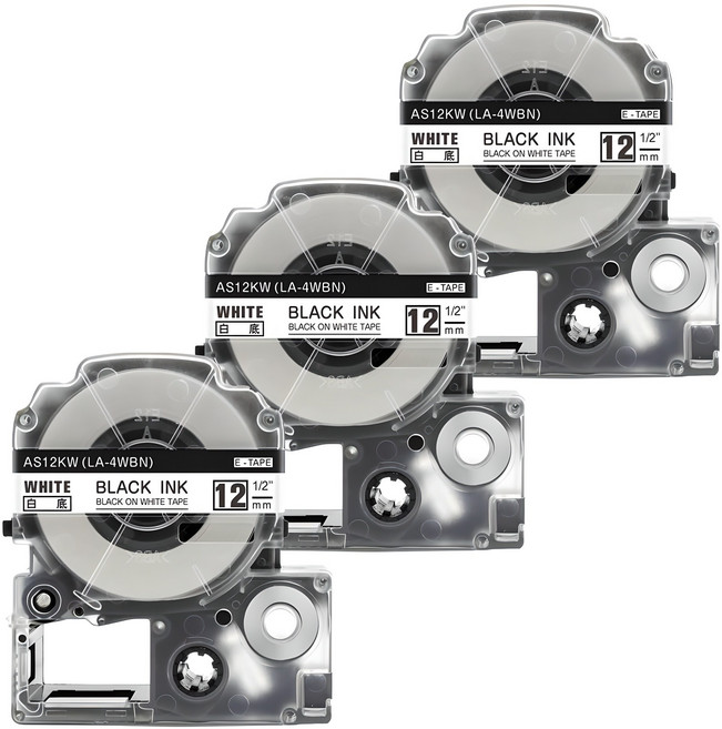 우리네라벨 엡손 라벨프린터 테이프 3개 세트 리라쿠마 프린터기 라벨기 호환 LW-K200BL LW-K200PK LW-C410 LW-C610 LW-K200BK, 12mm, 흰색바탕 검정글씨