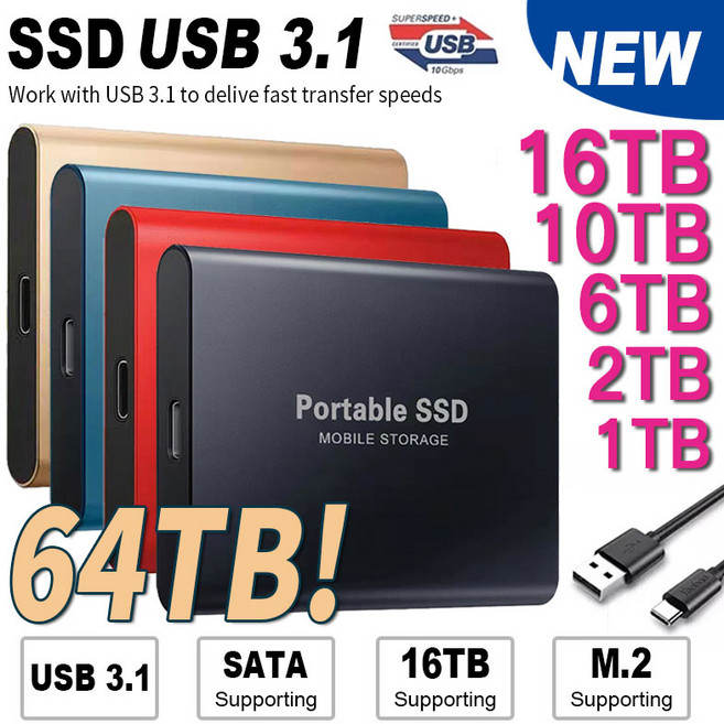 오리지널 외장 하드 드라이브 휴대용 SSD 미니 디스크 고속 솔리드 스테이트 2TB 1TB, 없음, 25.Red 10TB
