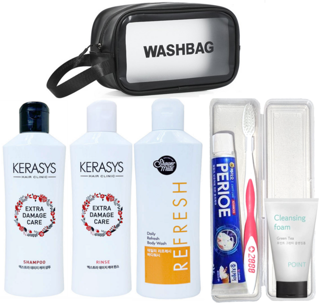 여행용 세면도구 세트 7종(샴푸+린스+바디워시+클렌징폼+칫솔+치약+파우치), 1세트