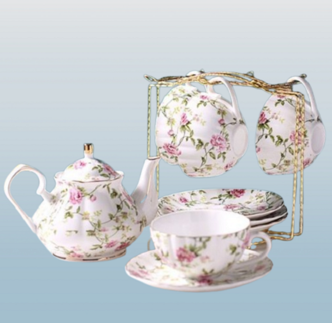 홈카페 예쁜 찻잔 4P 빈티지 커피잔세트 티팟세트 북유럽 홍차잔 머그컵세트, 4인찻잔세트+티포트, 1개