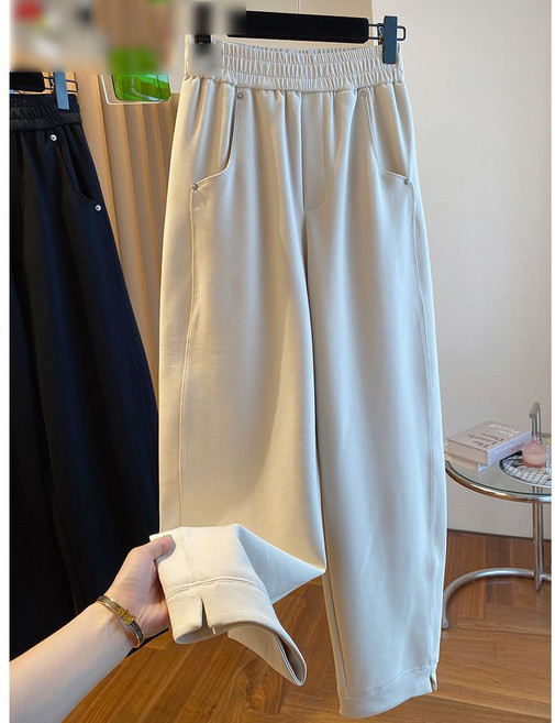 여성 무지 순면 밑단 트임 빅포켓 밴딩 하이웨스트 일자핏 와이드핏 바지 팬츠 봄 가을