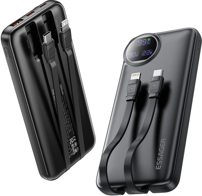Essager PD 22.5W QC3.0 초고속충전 대용량 케이블 일체형 보조배터리, 블랙, 20000mAh