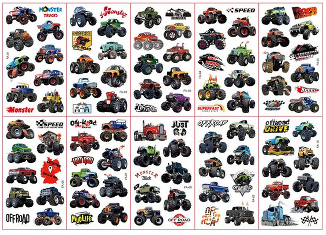 전제품 (10장세트)KC인증 어린이 타투스티커 캐릭터 판박이, FA몬스터트럭, 1개