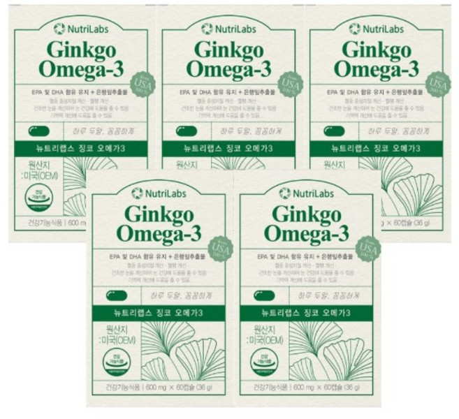 뉴트리랩스 징코 오메가3 골드 혈액순환 기억력개선 건조한눈개선 은행잎추출물, 5개, 60정