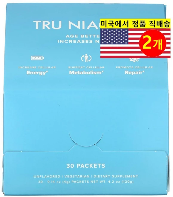 Tru Niagen NAD+ 나이아신이드 리보사이드 무맛 Nicotinamide Riboside 30개입, 120g, 2개 - 쿠팡