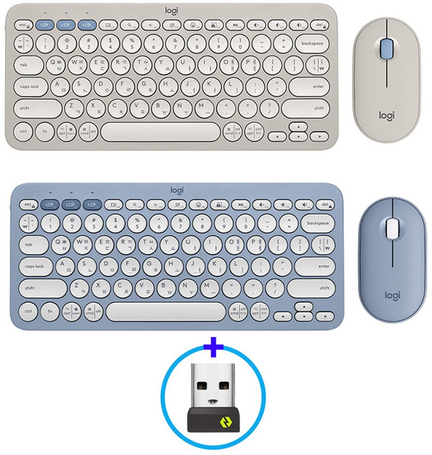 로지텍코리아 PEBBLE2 COMBO 블루투스 키보드 마우스 볼트 수신기 세트 한글자판, 샌드 그레이(샌드) 수신기 세트