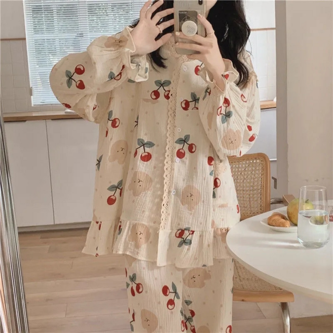 女睡衣 春秋季 長袖長褲兩件套 花邊/u3000泡泡皺家居服