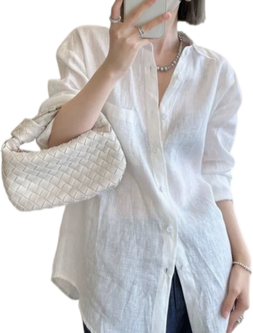 Makone 여성 린넨 긴팔 블라우스 클래식 얇은 루즈핏 빈티지 면마 심플 솔리드 셔츠