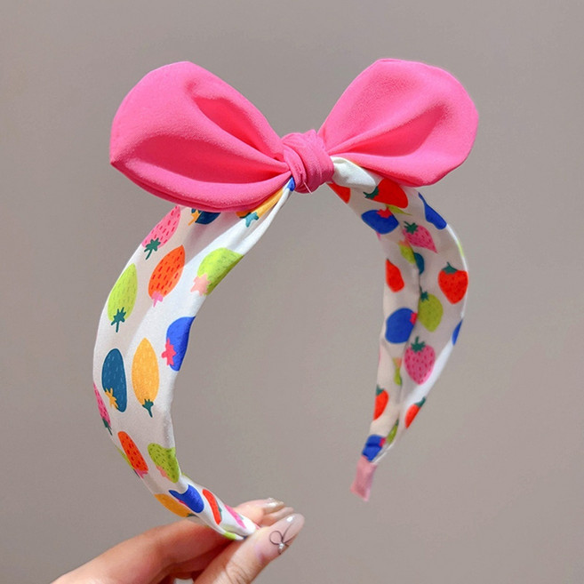 丹丹悅生活 兒童兔耳蝴蝶結髮箍 可愛草莓碎花寬邊髮飾