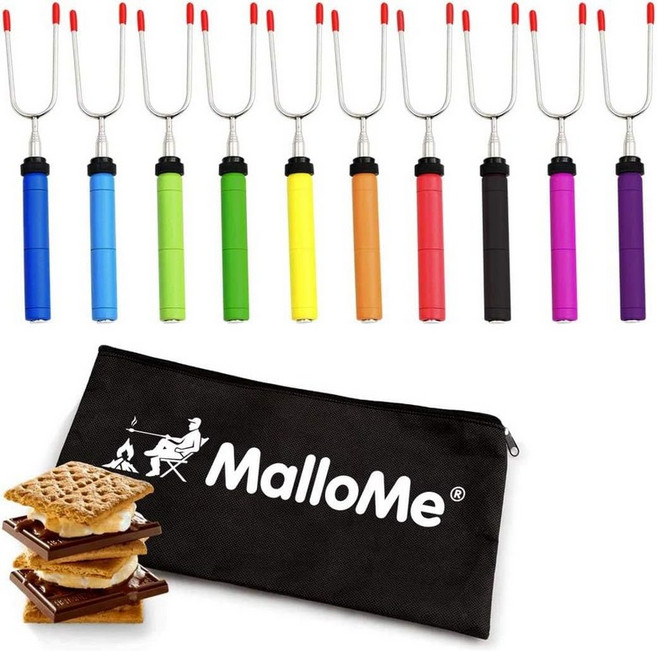 MalloMe 마시멜로 로스팅 스틱스모어 키트 파이어 피트 롱 캠핑 캠프파이어 액세서리 스모어 선물세트 핫도그 로스터 꼬치 34인치 4팩, Set of 10