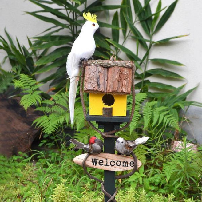 심스타 정원꾸미기 인테리어소품 새장 펜션꾸미기 화단 조형물 특이한 나무새장 + 지지막대, 6번 노란새장+흰색앵무새+참새2마리