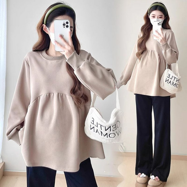 봄 가을 임산부 세트 캐주얼 임부복 기질 임부 라운드 하프 맨투맨 + 하이웨이스트 와이드 팬츠 상하 투피스 세트 LPC