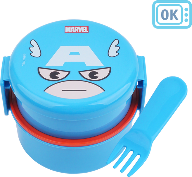 마블 캡틴아메리카 원형 2단도시락 500ml 포크포함 런치박스 캐릭터 도시락세트, 1개
