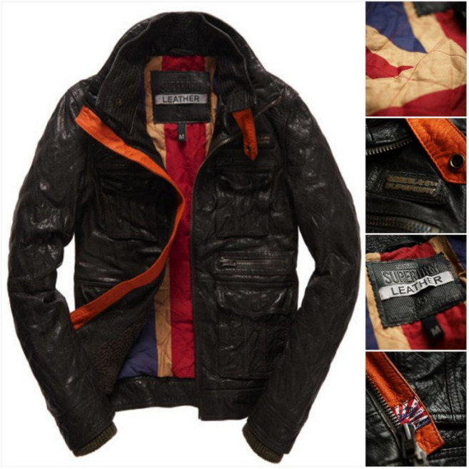 Superdry 極度乾燥 Falcon Brad 獵鷹夾克 厚牛皮 頂級真皮 皮衣 雙拉鍊 深棕 橘邊, 1個