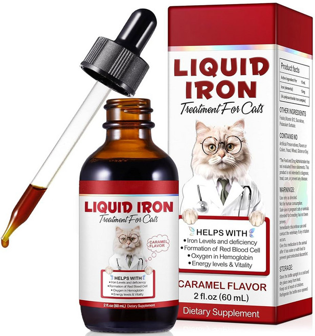 고양이용 철분 보충제 엽산 및 B12가 함유된 60ML 액체 철분은 빈혈 낮은 에너리 수치 및 무기력을 지원하고 적혈구 형성 및 혈액 건강을 촉진합니다, 1개