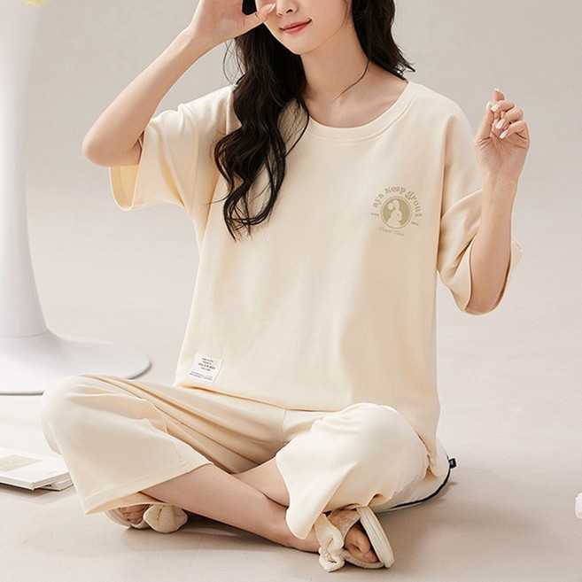 스타일아유 여름 얇은 반팔 여성 세트 잠옷 순면 7부바지 브라캡 캡내장 홈웨어 SE1333