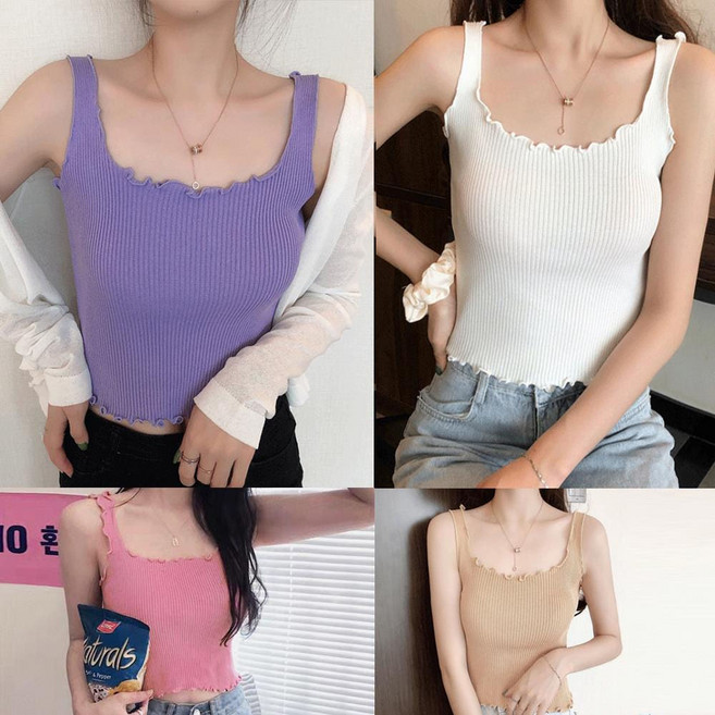 포마인 웨이브 라인 큐티 크롭 나시티 여성 여름 슬리브리스 골지 면스판 프릴나시