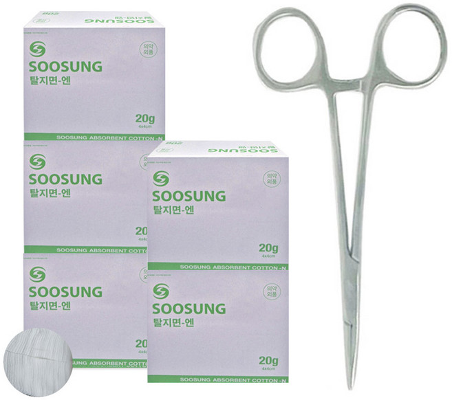 반려동물 귀털 관리 수성 탈지면 엔 각솜 20g 5개 + 겸자 가위 직선형 [모스키토 12.5cm ] 1개