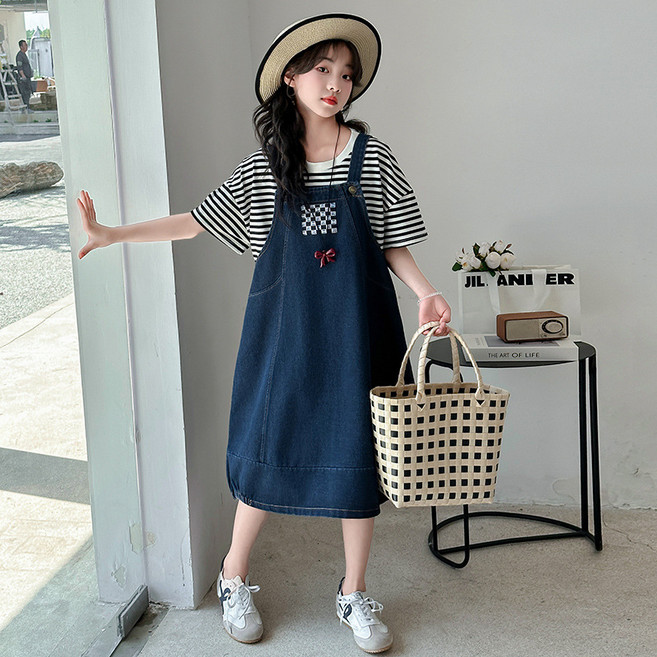 UPPERCUT 여아 루즈핏 스트라이프 티셔츠 데님 멜빵치마 세트