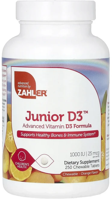 Zahler 쥬니아 D3 어드밴스드 비타민D3 포뮬라 오렌지 25mcg(1000IU) 츄어블 250정, Zahler쥬니아D3어드밴스드비타민D3포뮬라오렌지25m, 1개 - 쿠팡