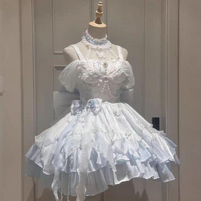 洋裝 夏季蓬蓬紗洋裝 裙天鵝湖套裝清新小禮服表演禮服日常, 天鵝湖白藍 無拖尾,L