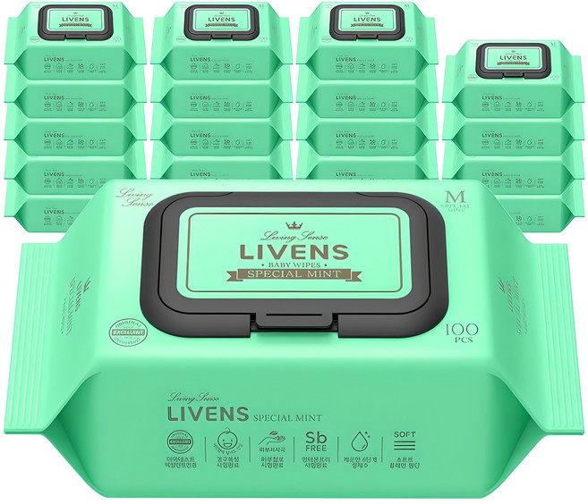 리벤스 스페셜 민트 유아물티슈 캡형, 40g, 100매, 20세트