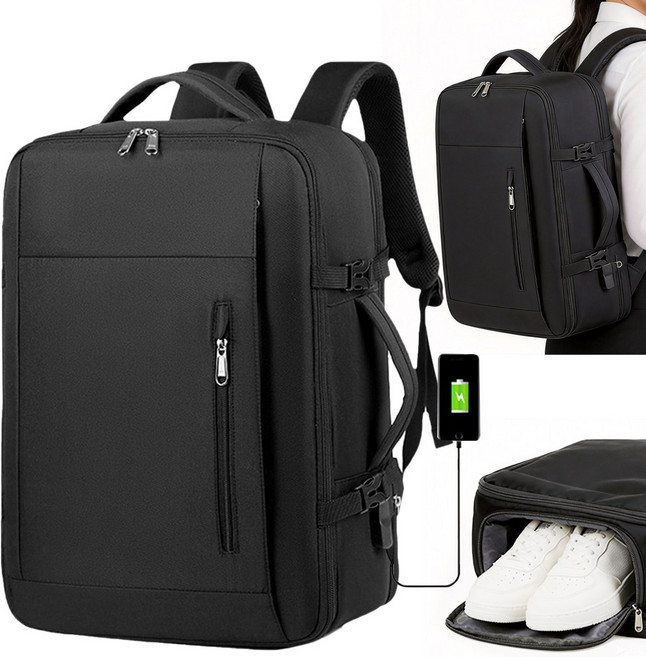 대용량 확장형 노트북 백팩 방수 디자인 비즈니스 및 여행용 백팩 전용 신발 수납공간 및 USB 충전 포트 1개 포함 여성용 백팩 직장인에게 적합