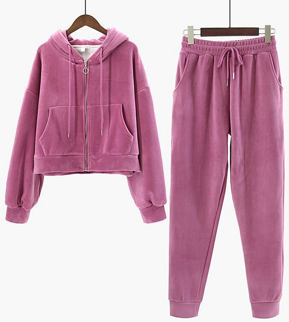 FANSYLI 가을 겨울 여성 벨벳 트레이닝 세트 후드 재킷+조거 트레이닝복 투피스 루즈한폴라폴리스 상하복 트레이닝 세트 X2412D9