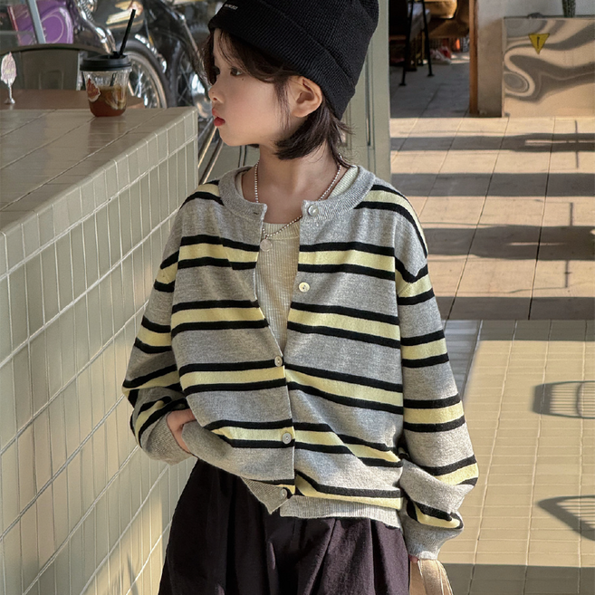 뉴보더스트라이프가디건 키즈 유아동 라운드 긴팔 데일리 니트