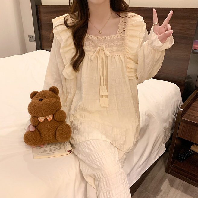 무니유유 여성 러블리 레이스 리본 가변운 시원한원단 루즈핏 긴팔 잠옷 상하의 세트