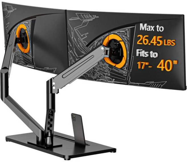 Bracwiser 컴퓨터 모니터 암 거치대 브라크위저 듀얼 스탠드 프리 스탠딩 데스크 마운트 프리미엄 최대 40인치 26.45파운드의 완전 조절식 튼튼한 나무 받침대 VESA, Dual Arms