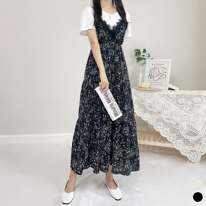 끌로이 여성용 브이넥 뷔스티에 플레어 롱 원피스 플라워 레이스 끈 나시 신축성 쫀쫀 밴딩