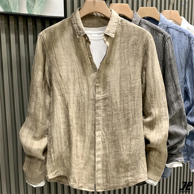 면과 린넨 주름 긴팔 셔츠 남성용 봄과 가을 복고풍 노 아이언 얇은 루즈한 캐주얼 라펠 셔츠 재킷