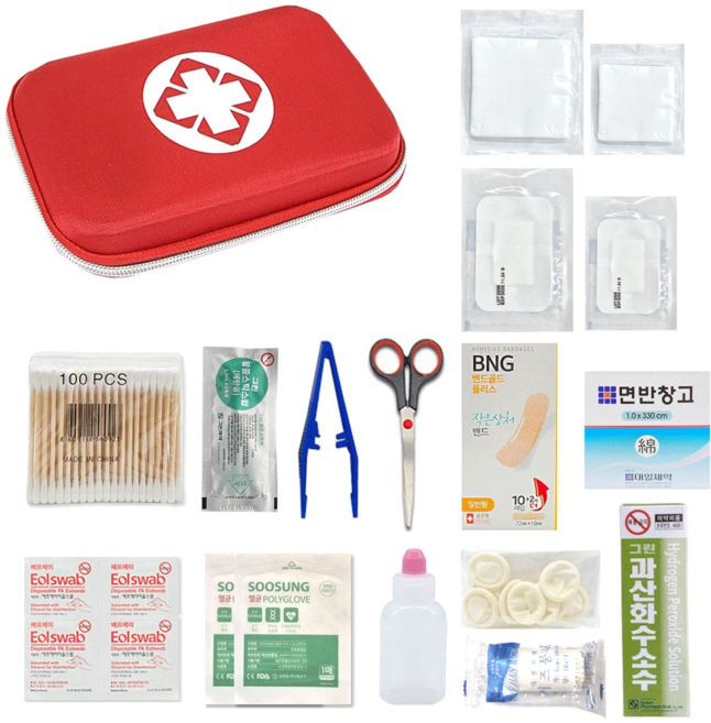 휴대용 여행 캠핑 하드케이스 구급가방 구급함 + 구급약품 16종, 1세트