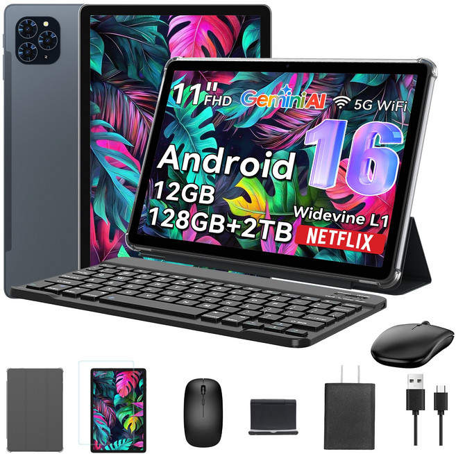 TABWEE 2026 세계최초 Android16 Gemini AI 태블릿 11인치 FHD 12GB +128GB 2TB확장 2in1 테블릿 pc 키보드세트, 회색, 128GB, Wi-Fi