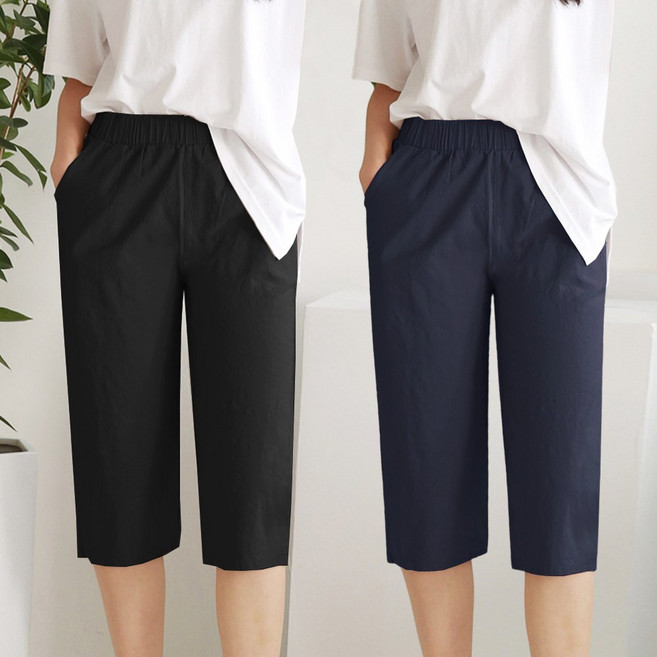 애니진 여성 1+1 여름 7부 린넨 슬림배기 스판 밴딩팬츠 4138