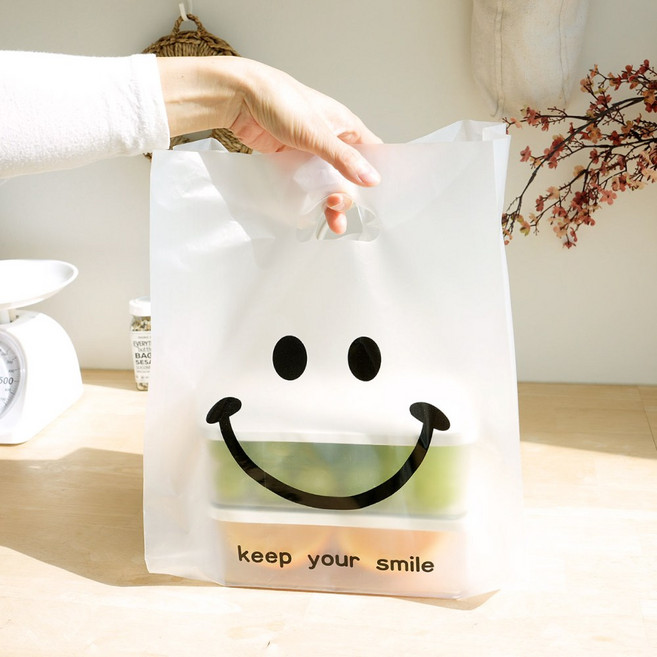 스마일 손잡이 반투명 비닐 봉투 쇼핑백 선물 포장, 50개, 스마일 투명