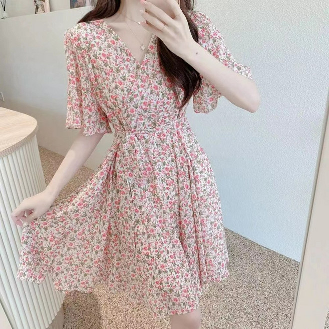 삼제태전 여름 꽃무늬 반팔 원피스 여성 허리조임 산뜻하고 달콤한 스타일 여행휴가룩