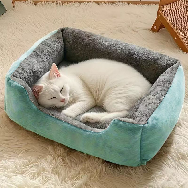 귀여운 듀얼 컬러 푹신한 포근한 안락함 강아지 고양이 사계절 통용 펫 하우스, 녹색 사각형 둥지, M-55*41*15cm