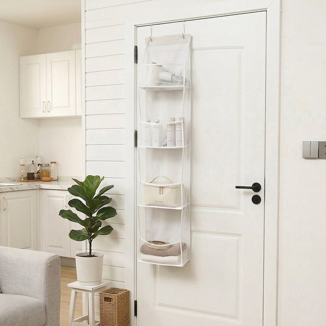 현데코 문걸이 다용도 포켓형 투명 수납함, 화이트 4단, 1개