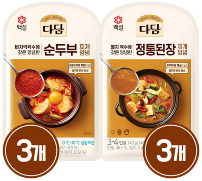 CJ 다담 양념장 바지락순두부찌개양념3 + 정통된장찌개양념3, 1세트, 140g