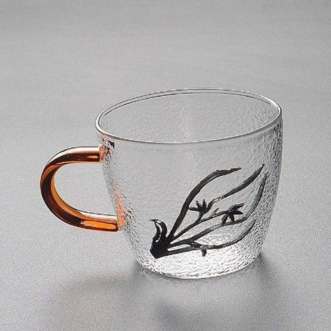 玻璃茶杯 錘紋小茶杯 帶把品茗杯 日式功夫茶杯 透明加厚茶杯 鑲錫主人杯, 錘紋橙把, 蘭花, 1個