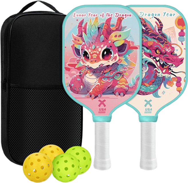 龍年限定 聯名款 限量版 Pickleball 運動拍, 混色, 2拍+4球【一套】玻璃纖維-兒童款