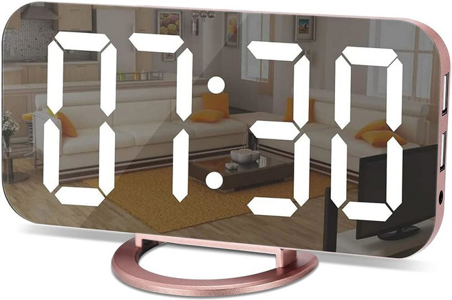 SZELAM 디지털 알람 시계 LED 미러 데스크 대형 디스플레이 듀얼 USB 충전 포트 3단계 밝기 12 24시간 침실 거실용 모던 전자 골드, Rose-gold, 로즈 골드.