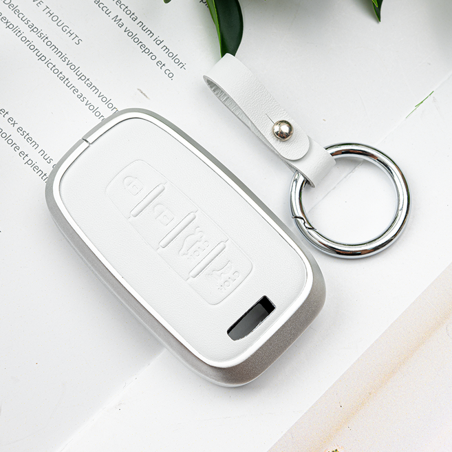 바이어블 현대 기아 투싼 제네시스 엑센트 모닝 레이 스포티지 K6 모하비 호환 크롬 가죽 차 키케이스 키링 키홀더, 4버튼(U20), 실버화이트